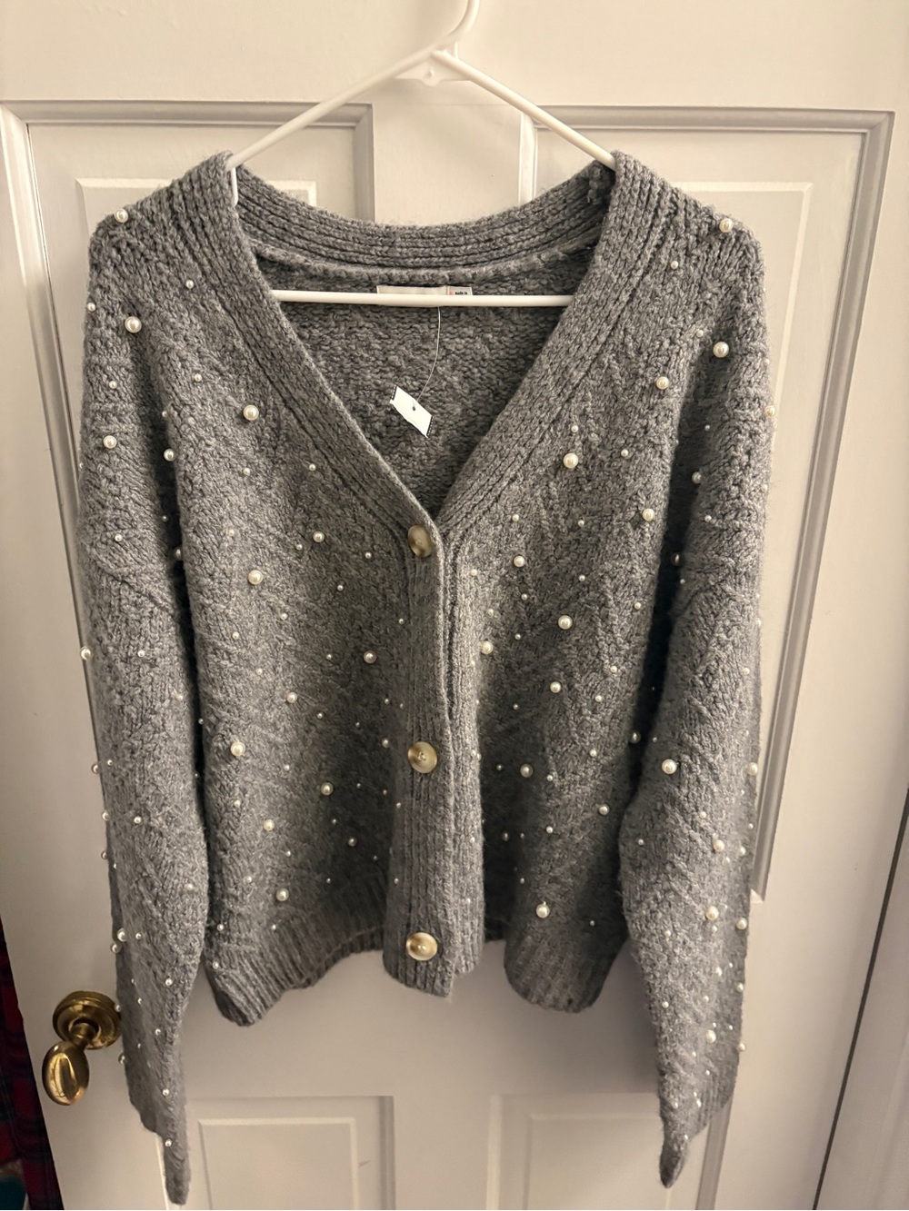 Lush Gray Pearl-Embellished V-Neck Cardigan